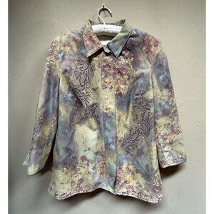 Zerimar Paisley Floral Print Metallic Faux Leather Jacket Size G Snap Front